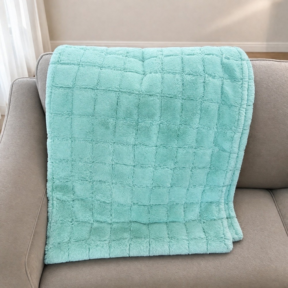Minky Couture Hugs Check Sage Mint Green Plush Blanket Travel Size 47x60 FauxFur